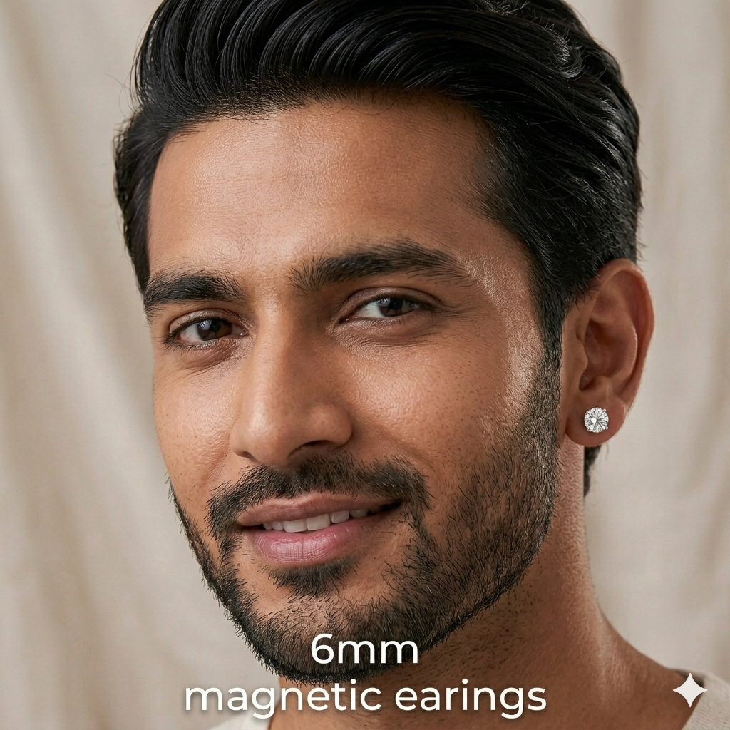 6mm Magnetic Silver Stud Earrings For Unisex Non Piercing CZ Diamond