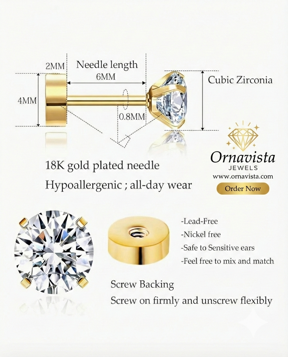 9mm Naksh Earrings Big Size (Stainless Steel 316L Cubic Zirconia Diamond Unisex Earrings)