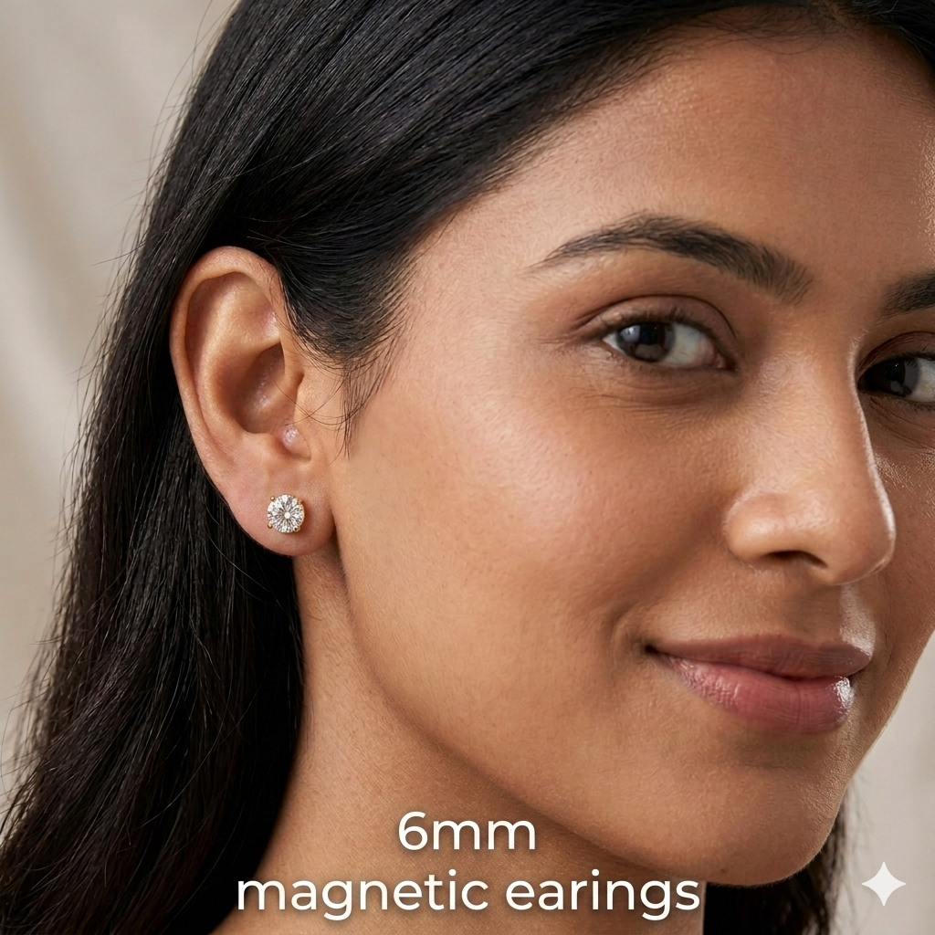 6mm Magnetic Gold Stud Earrings For Unisex Non Piercing CZ Diamond