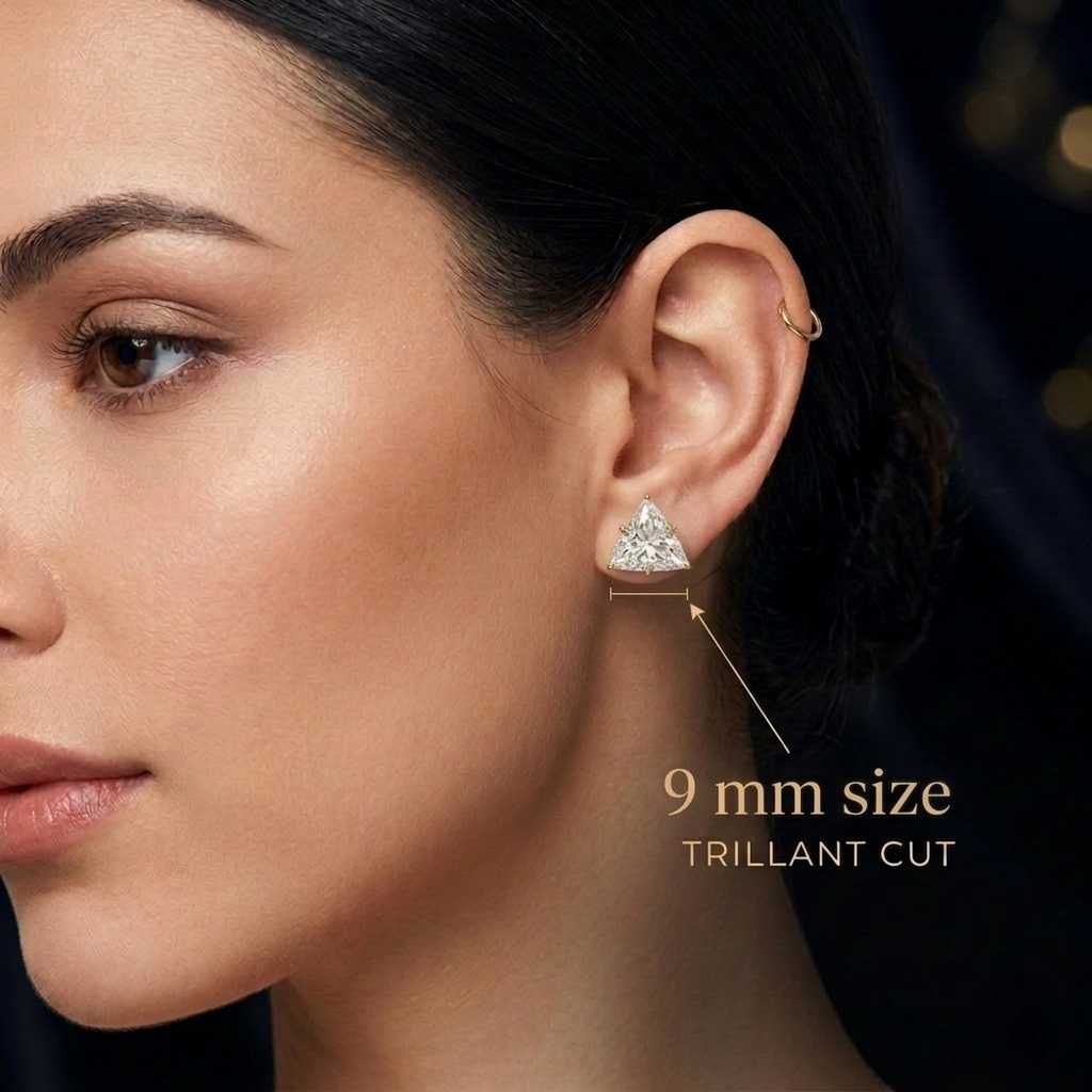 9mm Trikon Earrings Big Size (Stainless Steel 316L Cubic Zirconia Diamond Unisex Earrings)