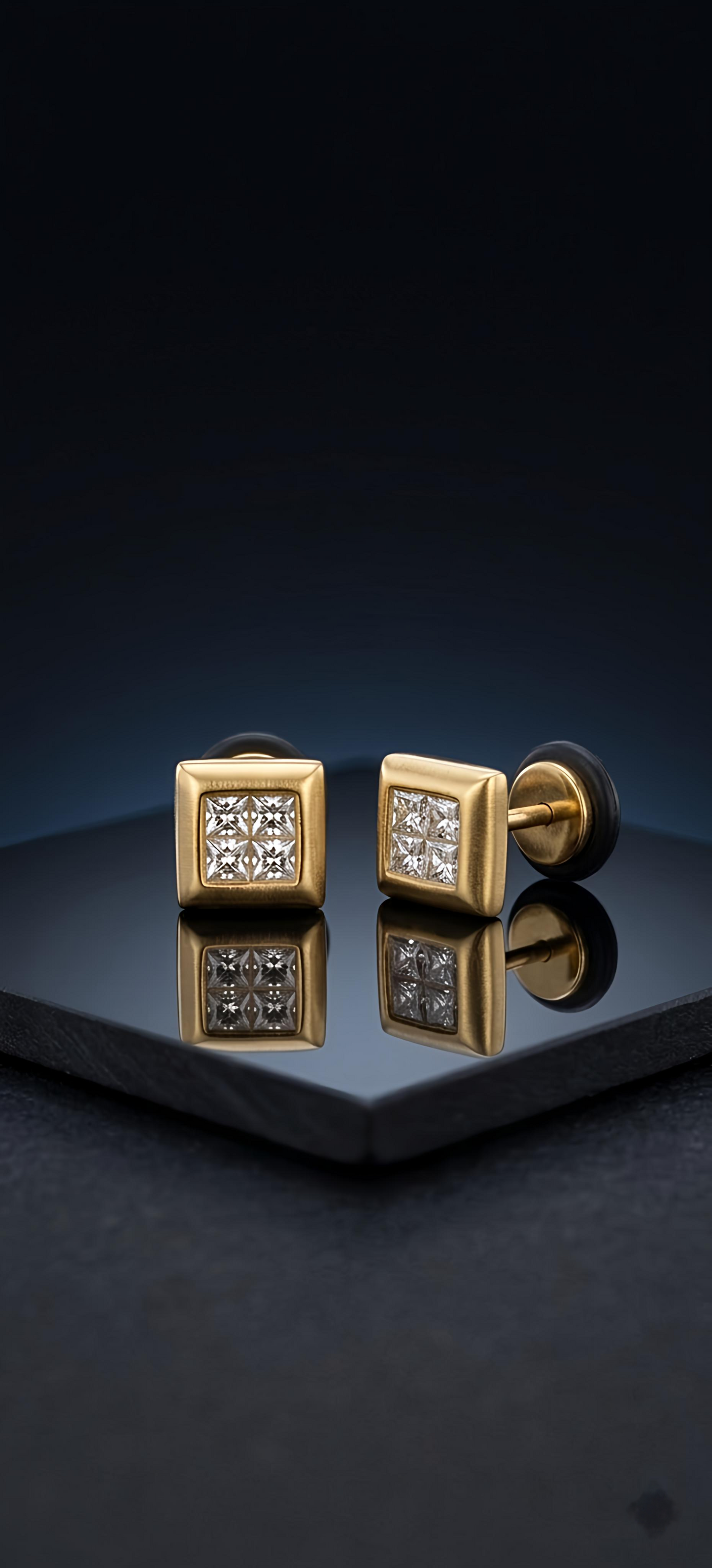 4 Stone Square Earrings Stainless Steel 316L Cubic Mini Zirconia Diamond Unisex Earrings)