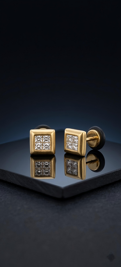 4 Stone Square Earrings Stainless Steel 316L Cubic Mini Zirconia Diamond Unisex Earrings)