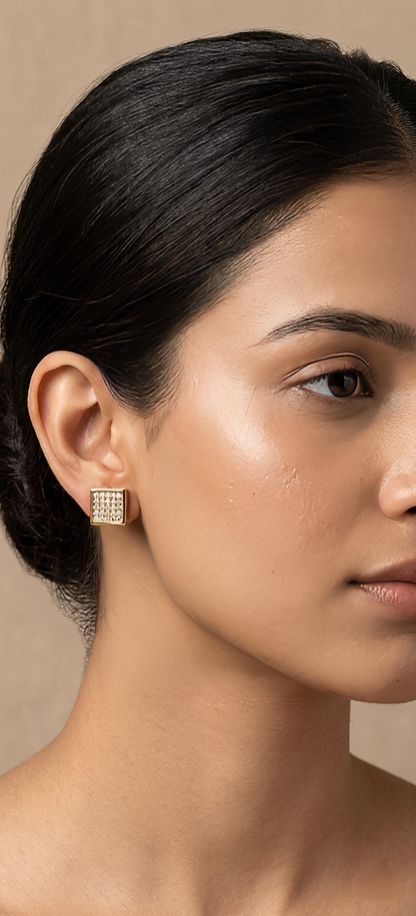 5 Line 25 diamonds Square Earrings Stainless Steel 316L Cubic Mini Zirconia Diamonds Unisex Earrings)