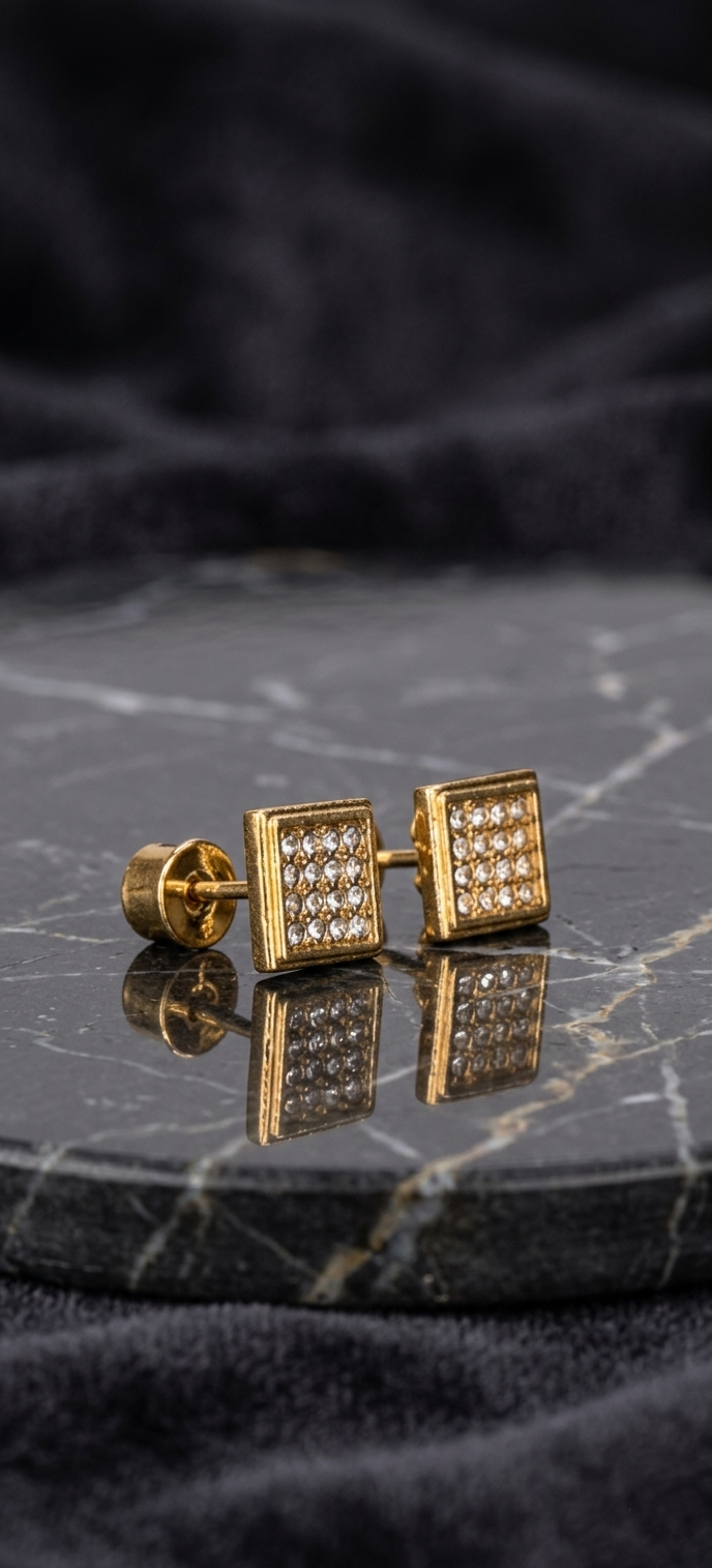 4 Line 16 diamonds Square Earrings Stainless Steel 316L Cubic Mini Zirconia Diamond Unisex Earrings)