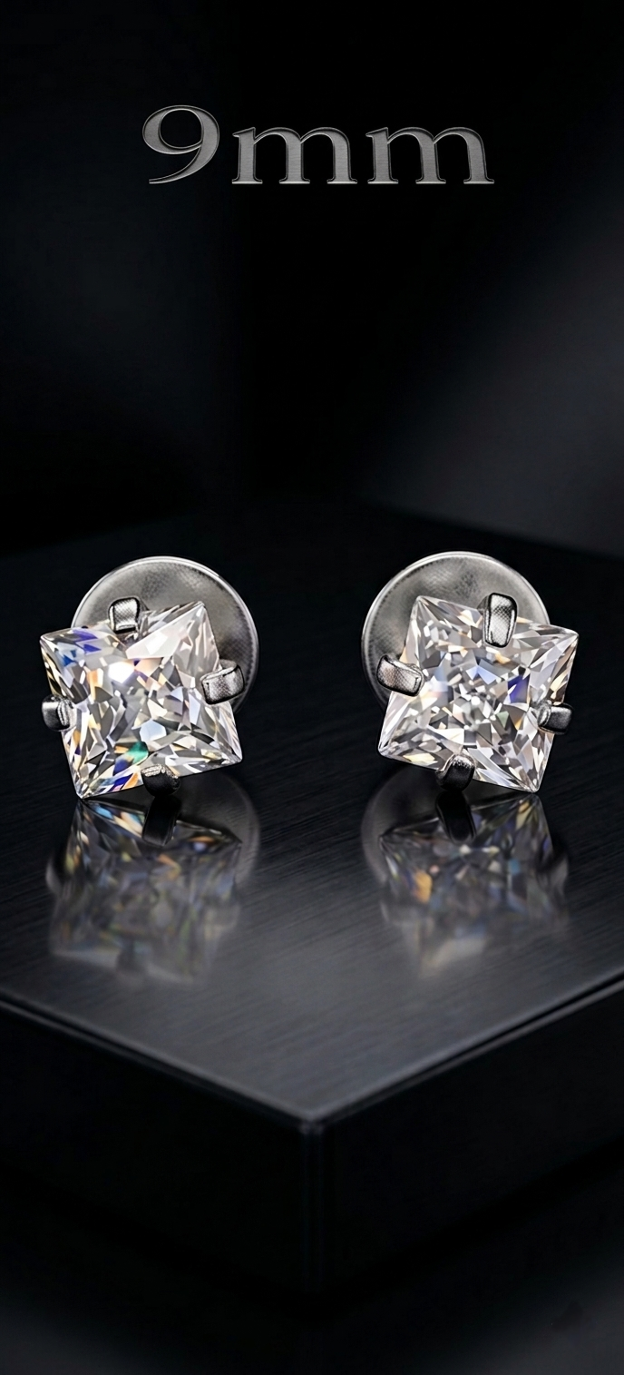 9mm Silver Arka Earrings Big Size (Stainless Steel 316L Cubic Zirconia Diamond Unisex Earrings)