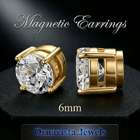 6mm Magnetic Gold Stud Earrings For Unisex Non Piercing CZ Diamond