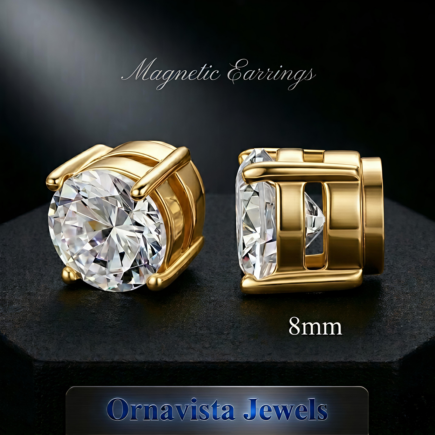 8mm Magnetic Gold Stud Earrings For Unisex Non Piercing CZ Diamond