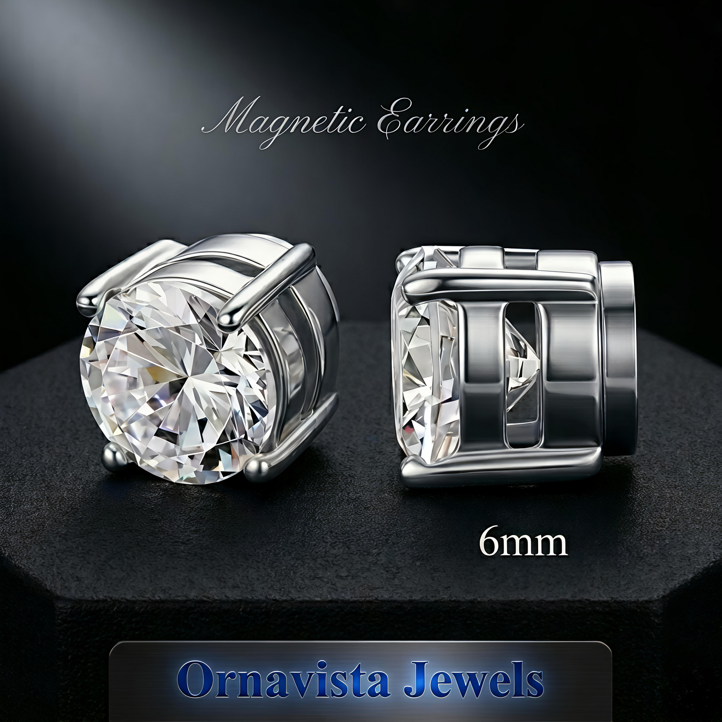 6mm Magnetic Silver Stud Earrings For Unisex Non Piercing CZ Diamond