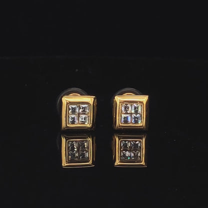 4 Stone Square Earrings Stainless Steel 316L Cubic Mini Zirconia Diamond Unisex Earrings)